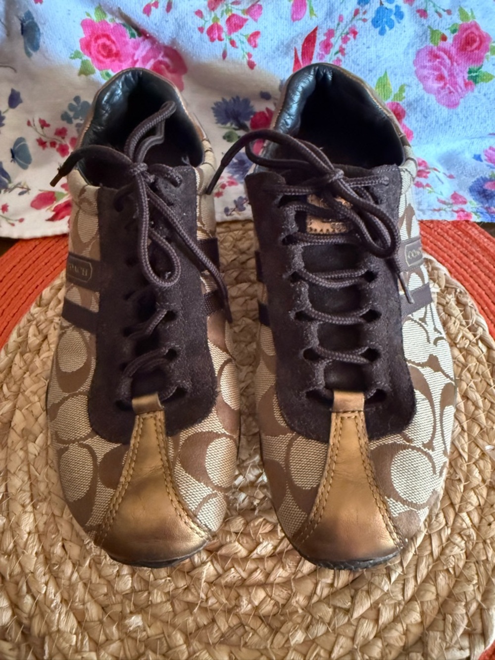Coach Women’s Signature 'C' Lace-Up Sneakers in Brown and Tan